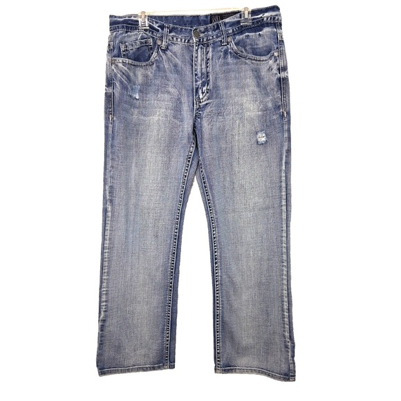 TK Axel Relaxed Straight Jeans Size 34X30 Distressed Medium Wash Thick Stitch - Picture 1 of 9
